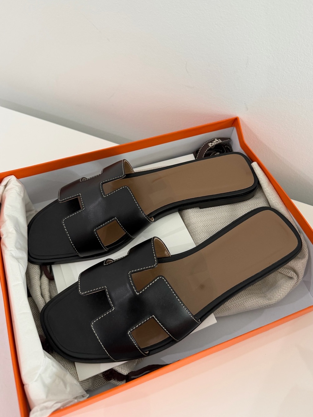 Hermes Black Leather Oran Slide Sandals - Picture 2 of 4